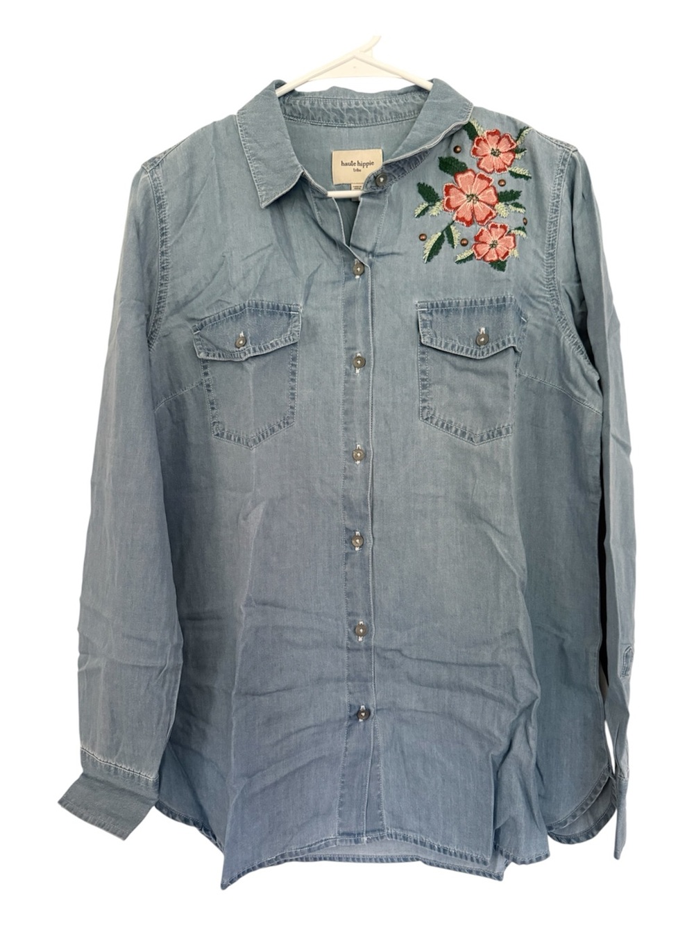 Haute Hippie Tribe Embroidered Denim Chambray Button Down Shirt Size Medium